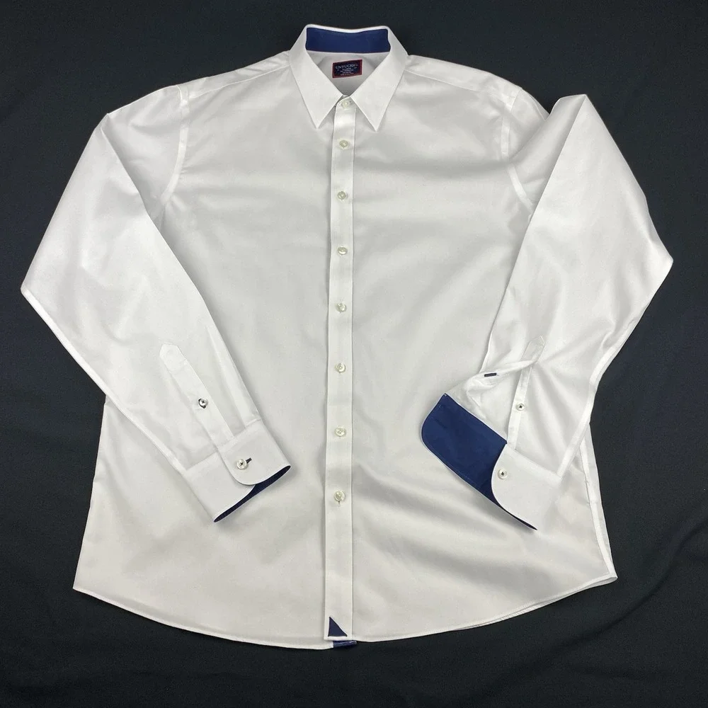 UNTUCKit Shirt Mens XL White w/Conrasting Blue Trim Wrinkle Free Regular Fit